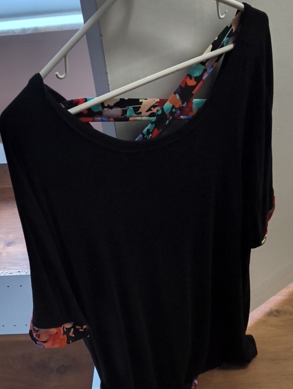 Hemish Black Short-Sleeve Scoop Top with Multicolor Floral Trim